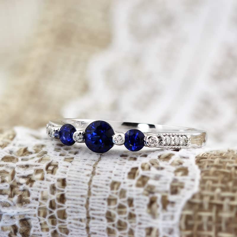 Auriya 2/5cttw Diamond and 1/6ct 3 Stone Blue Sapphire Engagement Ring 14k White Gold