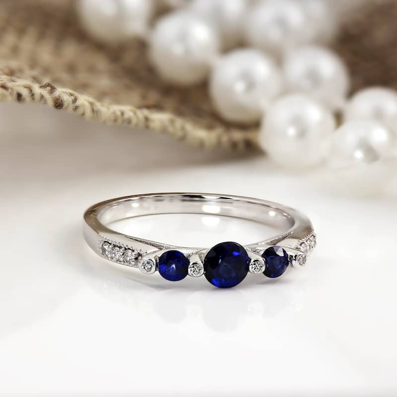 Auriya 2/5cttw Diamond and 1/6ct 3 Stone Blue Sapphire Engagement Ring 14k White Gold