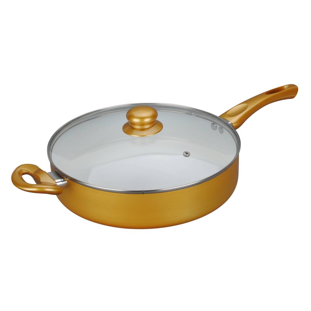 11-inch Ceramic Deep Fry Pan with Glass Lid, Metallic Gold