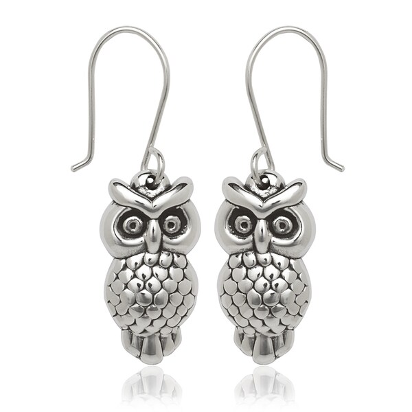 Sterling Silver Owl Drop Hook Earrings - 17709699 - Overstock.com ...
