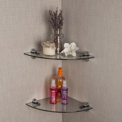 Clear Glass Radial Floating Shelves with Chrome Brackets (Set of 2)