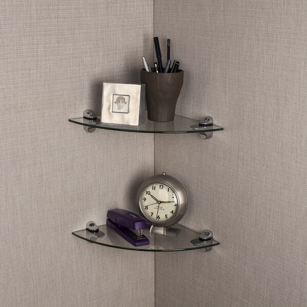 Set of 2 Clear Glass Radial Floating Shelves with Chrome Brackets 10 x 10" 