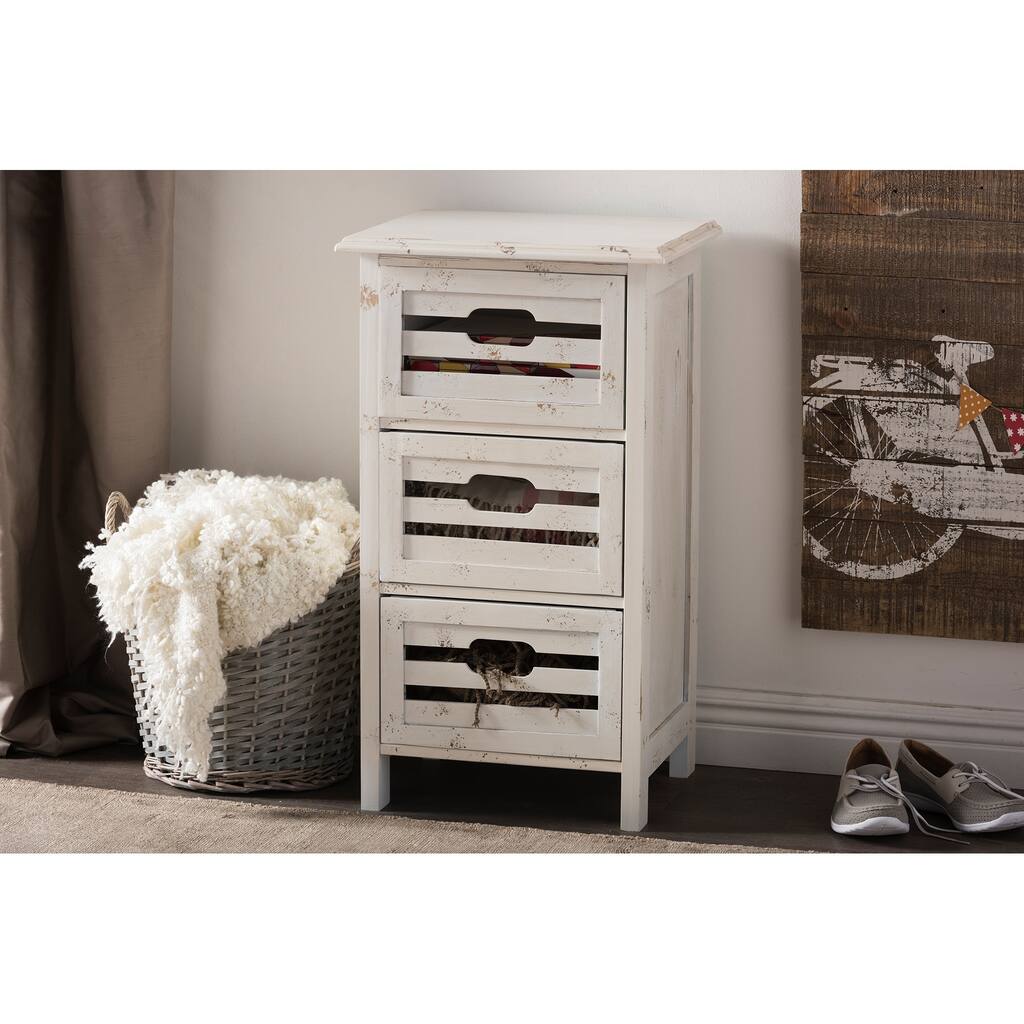 Baxton Studio Rococo Shabby Chic Vintage Pine Wood Antique White Washed Finished 3-drawer Storge Cabinet