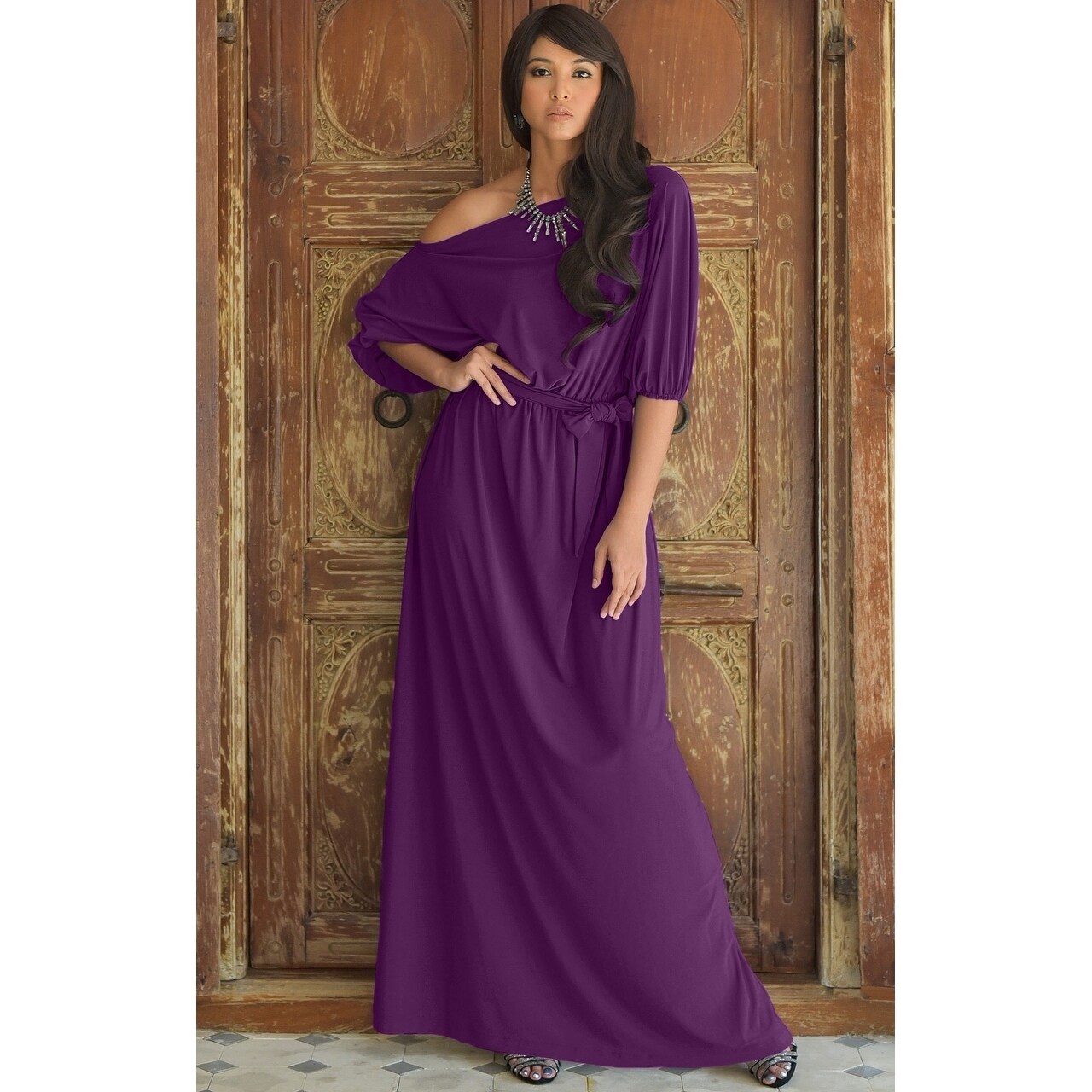 Long Black//Purple Colour Block Grecian Maxi Evening Dress Party//Cruise//Casual