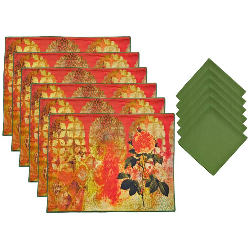 Aspire 12-piece Olive Printed Floral Placemats and Napkins