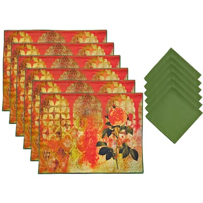 Aspire 12-piece Olive Printed Floral Placemats and Napkins