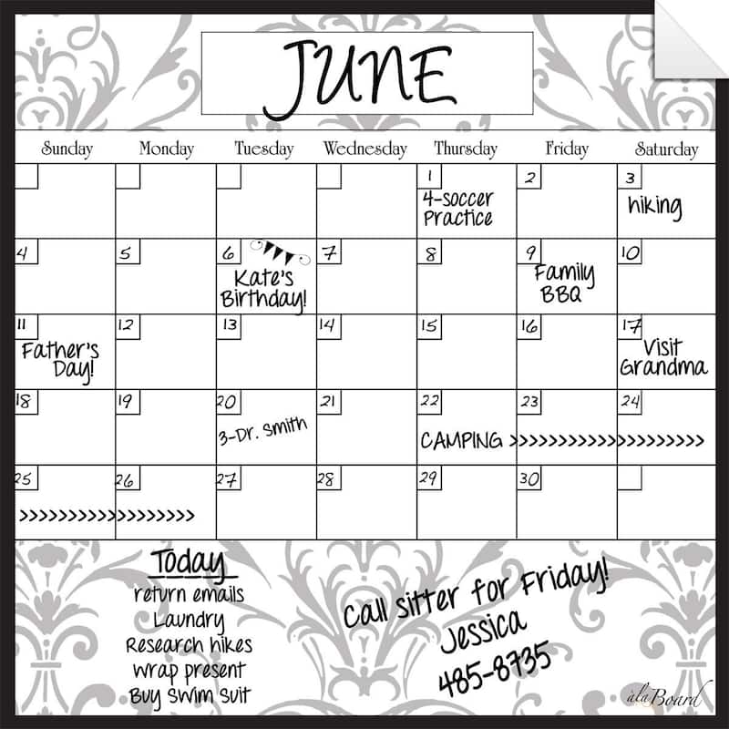 Gray Damask Dry Erase Monthly Calendar Decal