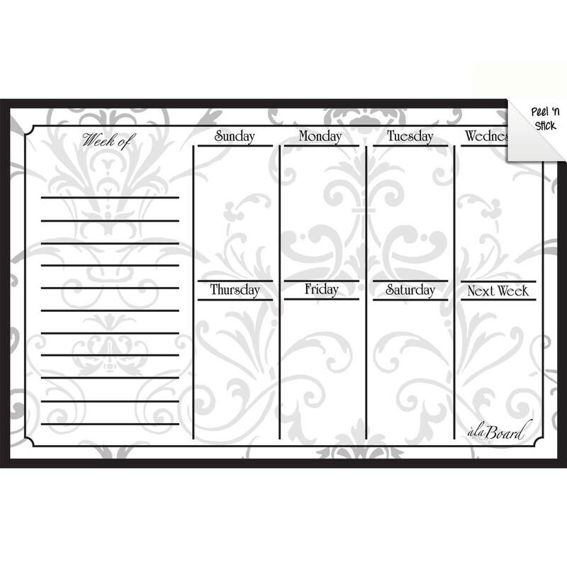 Grey Damask Dry Erase Weekly Calendar Decal