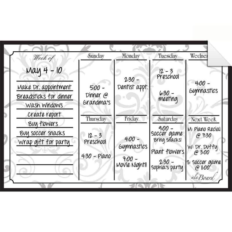 Grey Damask Dry Erase Weekly Calendar Decal