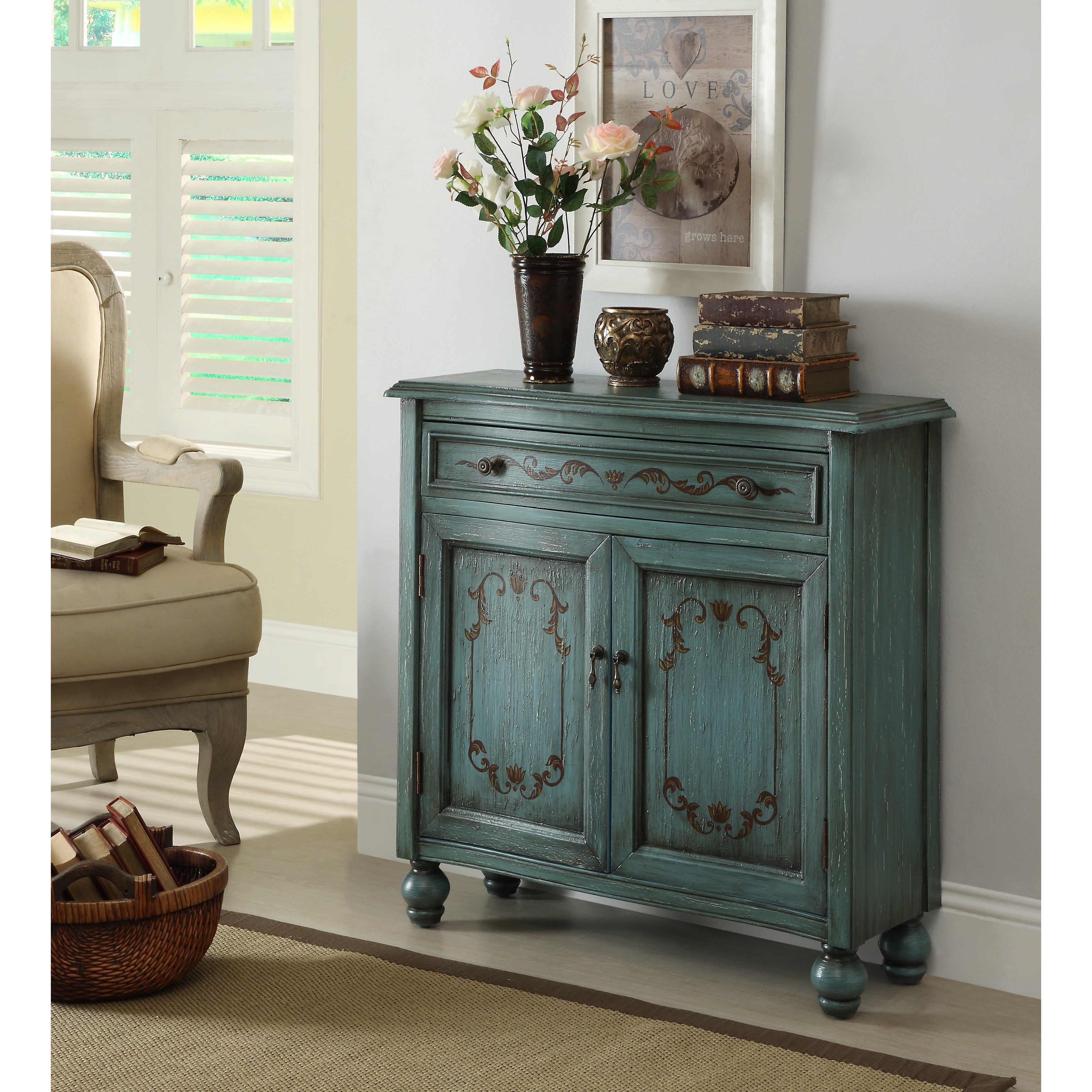 Shop Somette Teal Weathered 1 Drawer 2 Door Cabinet 35 L X 12 W X 34 H Overstock 10653376