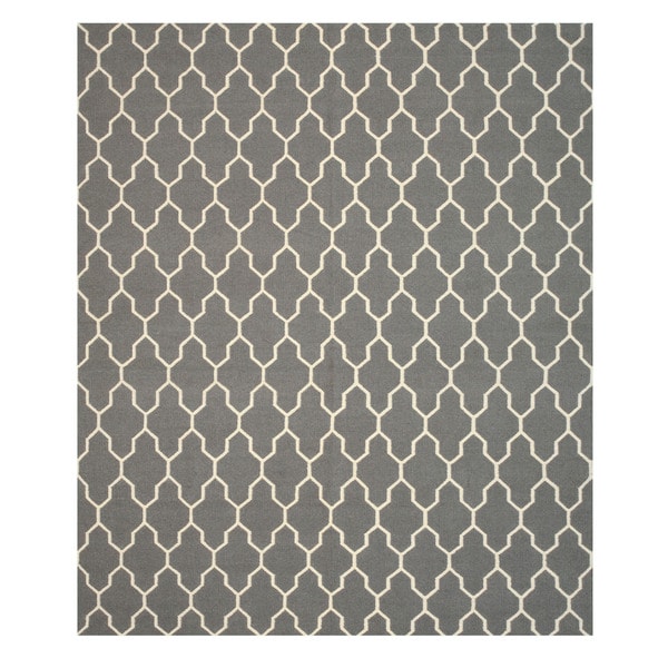 Handmade Wool Gray Transitional Trellis Reversible Modern Moroccan Kilim Rug - 8' x 10'