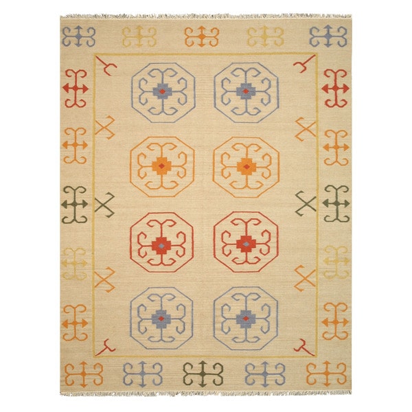 Handmade Wool Beige Traditional Oriental Reversible Suzani Kilim Rug - 9' x 12'