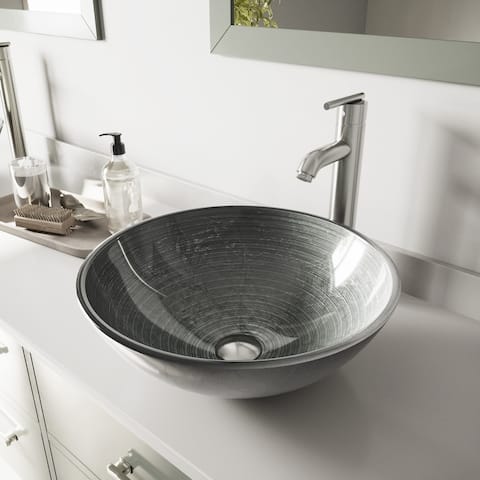 VIGO Simply Silver Glass Vessel Bathroom Sink and Seville Faucet Set
