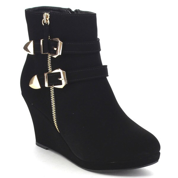 double buckle side zipper wedge boots