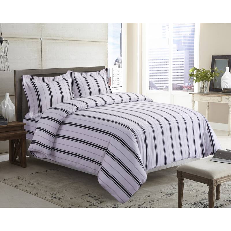 Stripe Printed 170-GSM Flannel Oversize 3-piece Duvet Cover Set - Black / Grey - Queen