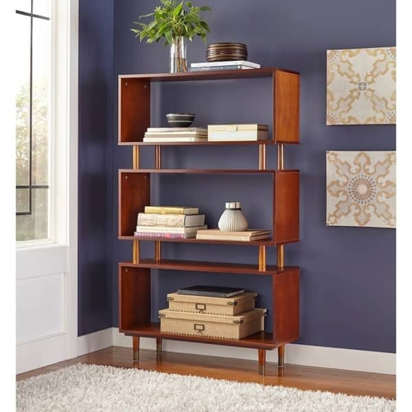 slide 13 of 19, Simple Living Margo Mid-century Modern 3-tier Bookshelf - 59.5"h x 36"w x 11.8"d Walnut Brown
