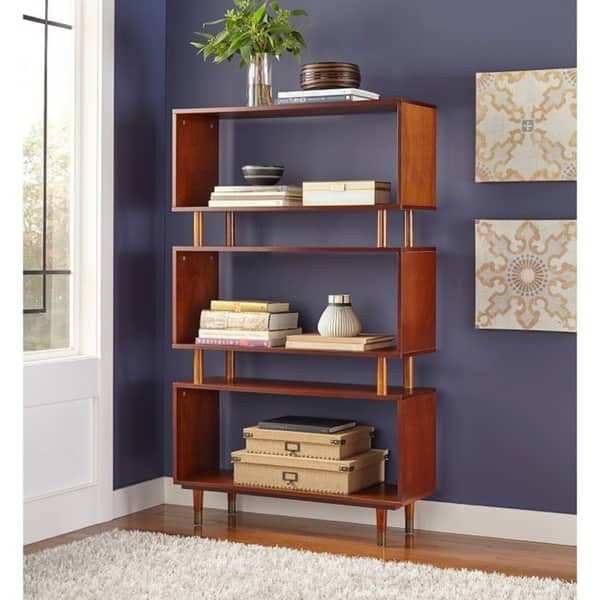 Simple Living Margo Mid-Century Modern 3-tier Bookshelf - 59.5"h x 36"w x 11.8"d - Walnut Brown