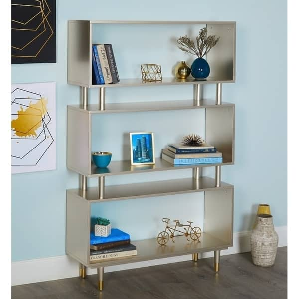 Simple Living Margo Mid-Century Modern 3-tier Bookshelf - 59.5"h x 36"w x 11.8"d - Champagne Gold