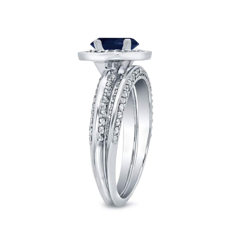 Auriya 14k Gold 14k White Gold 1ctw Blue Sapphire and 1ctw Halo Diamond Engagement Ring Set