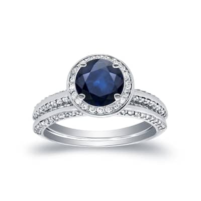 Auriya 14k Gold 14k White Gold 1ctw Blue Sapphire and 1ctw Halo Diamond Engagement Ring Set