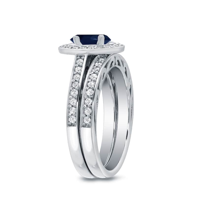 Auriya Round 1ct TDW Sapphire and 3/4ct TDW Diamond Halo Engagement Ring Set 14k White Gold