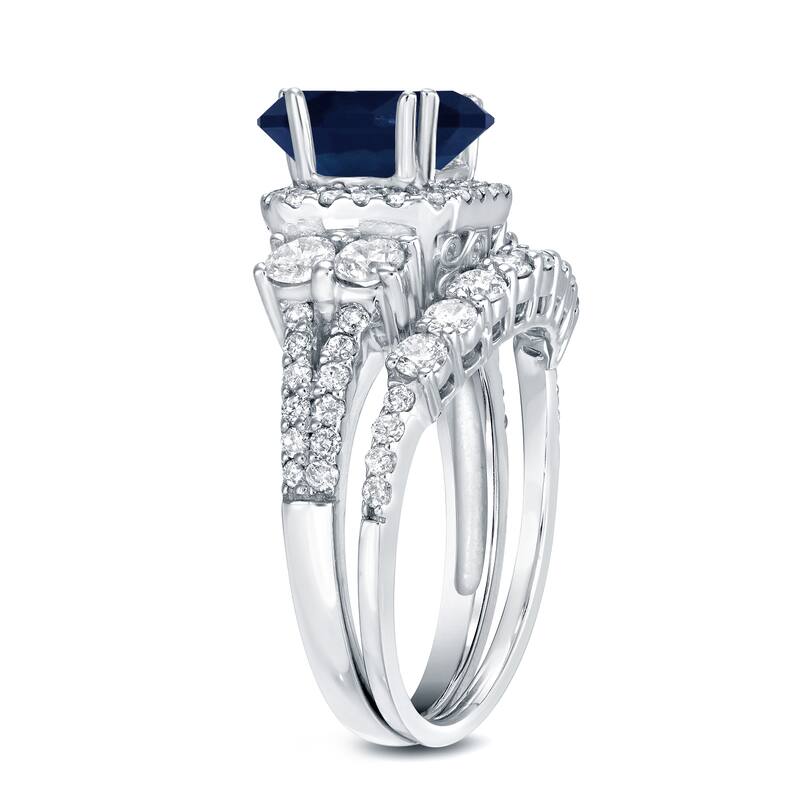 Auriya Round 1ct Blue Sapphire and 1 1/3ct TDW Diamond Halo Engagement Ring Set 14k White Gold