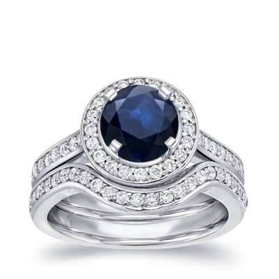 Auriya Round 1ct Sapphire and 1/2ct TDW Diamond Halo and Hearts Engagement Ring Set 14k Gold