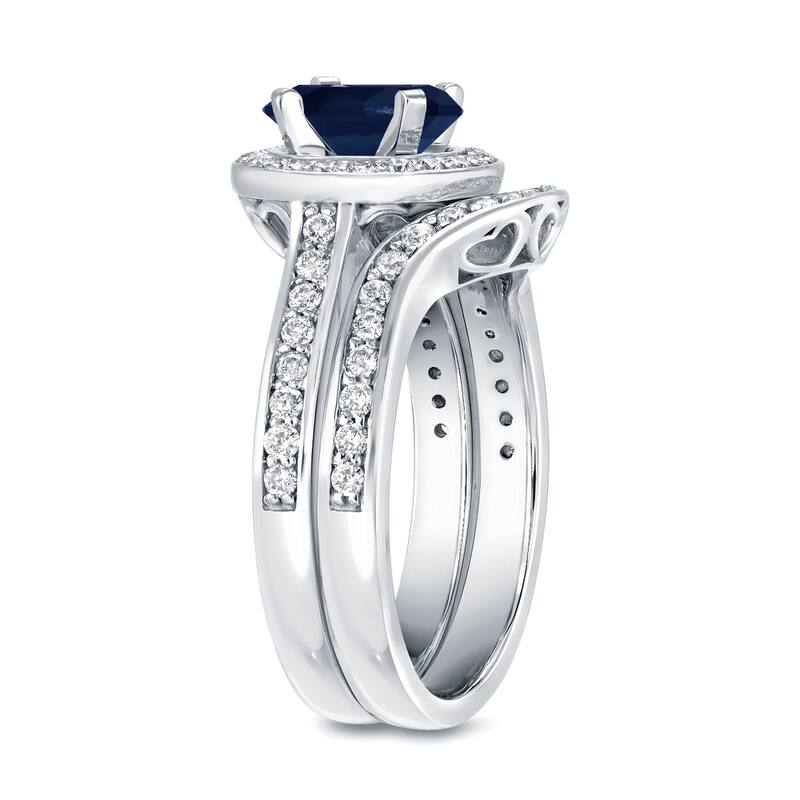 Auriya Round 1ct Sapphire and 1/2ct TDW Diamond Halo and Hearts Engagement Ring Set 14k Gold