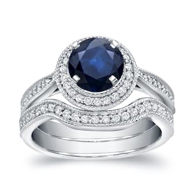Auriya Vintage Round 1ct Sapphire and 3/5ct TDW Diamond Halo Engagement Ring Set 14k Gold