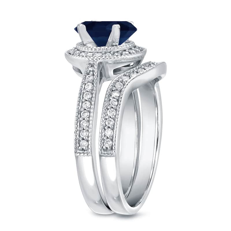 Auriya Vintage Round 1ct Sapphire and 3/5ct TDW Diamond Halo Engagement Ring Set 14k Gold