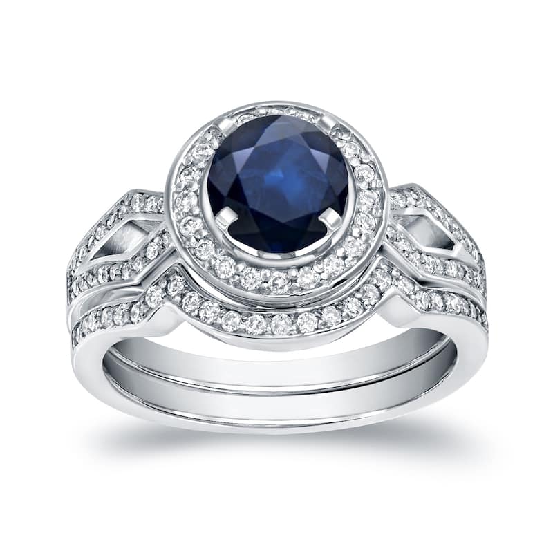 Auriya Modern Round 1ct Sapphire and 2/5ct TDW Diamond Halo Engagement Ring Set 14k Gold