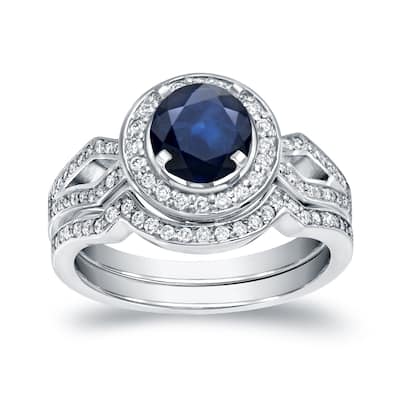 Auriya Modern Round 1ct Sapphire and 2/5ct TDW Diamond Halo Engagement Ring Set 14k Gold