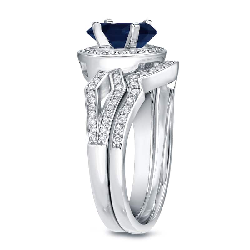 Auriya Modern Round 1ct Sapphire and 2/5ct TDW Diamond Halo Engagement Ring Set 14k Gold