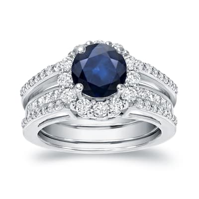 Auriya Round 7/8ct Sapphire and 1 1/6ct TDW Diamond Halo Engagement Ring Set 14k Gold
