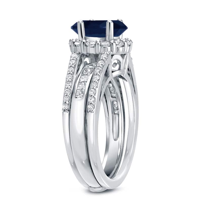 Auriya Round 7/8ct Sapphire and 1 1/6ct TDW Diamond Halo Engagement Ring Set 14k Gold