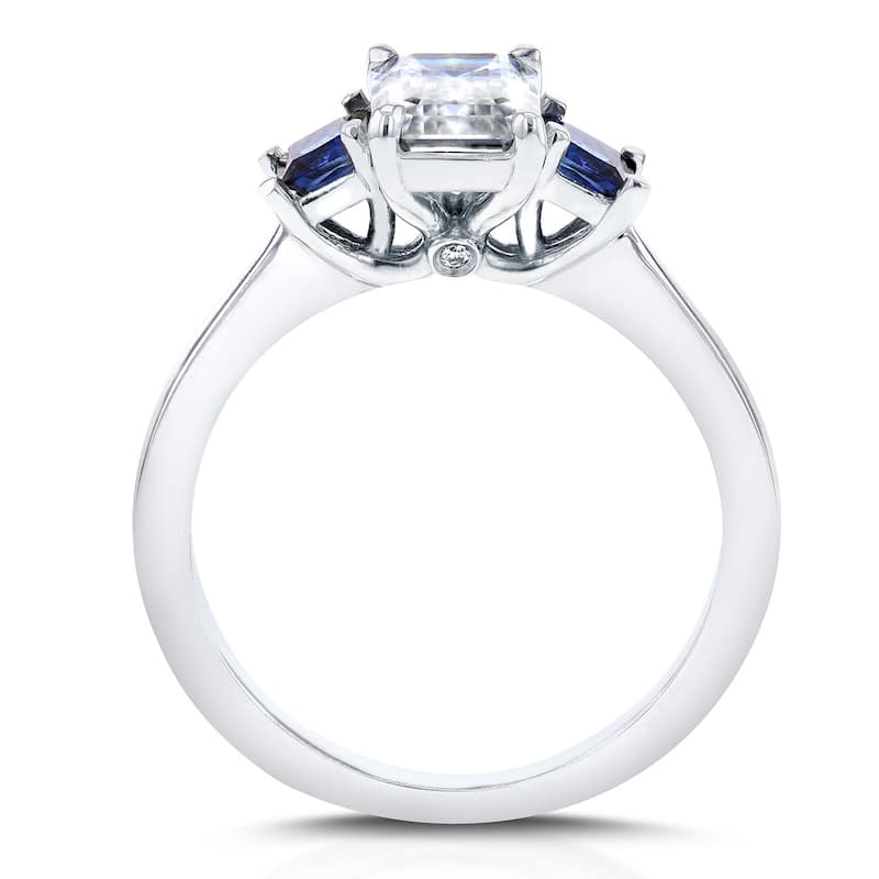 Annello by Kobelli 14k White Gold Emerald Cut Three Stone Moissanite and Blue Sapphire, Diamond Accented Engagement Ring