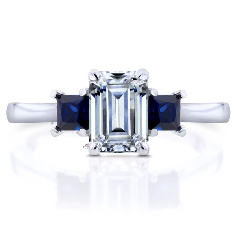 Annello by Kobelli 14k White Gold Emerald Cut Three Stone Moissanite and Blue Sapphire, Diamond Accented Engagement Ring