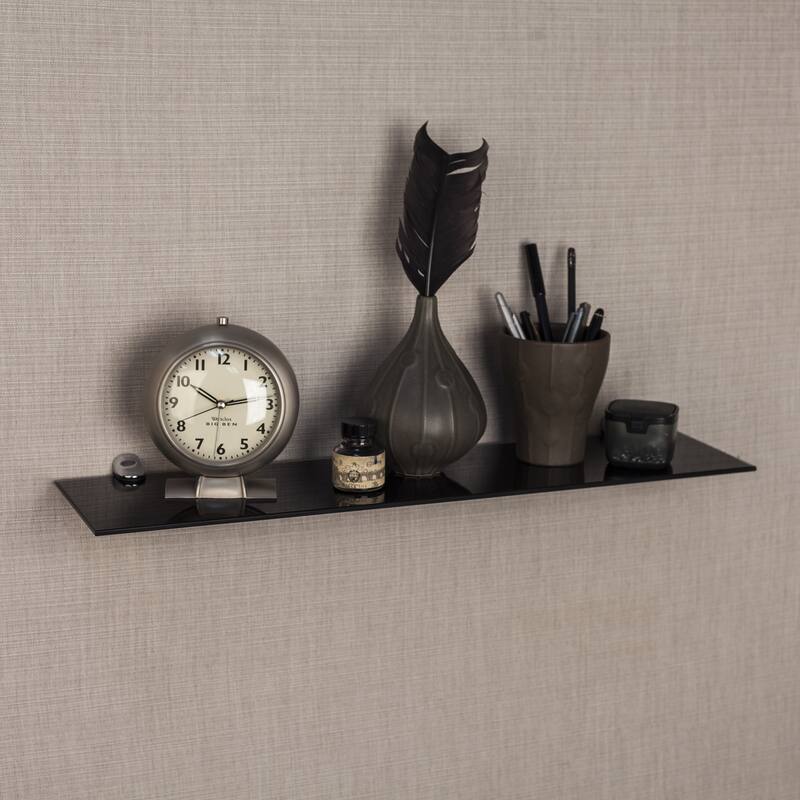 Black Smoke Glass Floating Shelf with Chrome Brackets - 24"