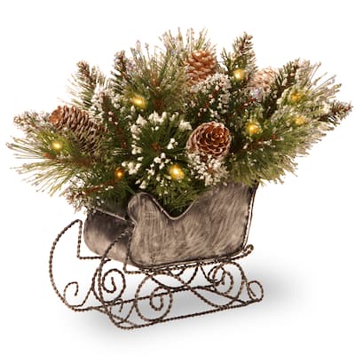 10-inch Glittery Bristle Pine Sleigh with Warm White LED Lights