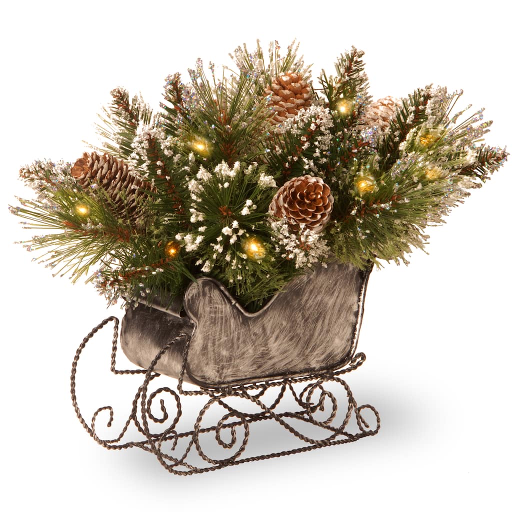 National Tree Company 10 in. Glittery Bristle Pine Sleigh with Warm White LED Lights