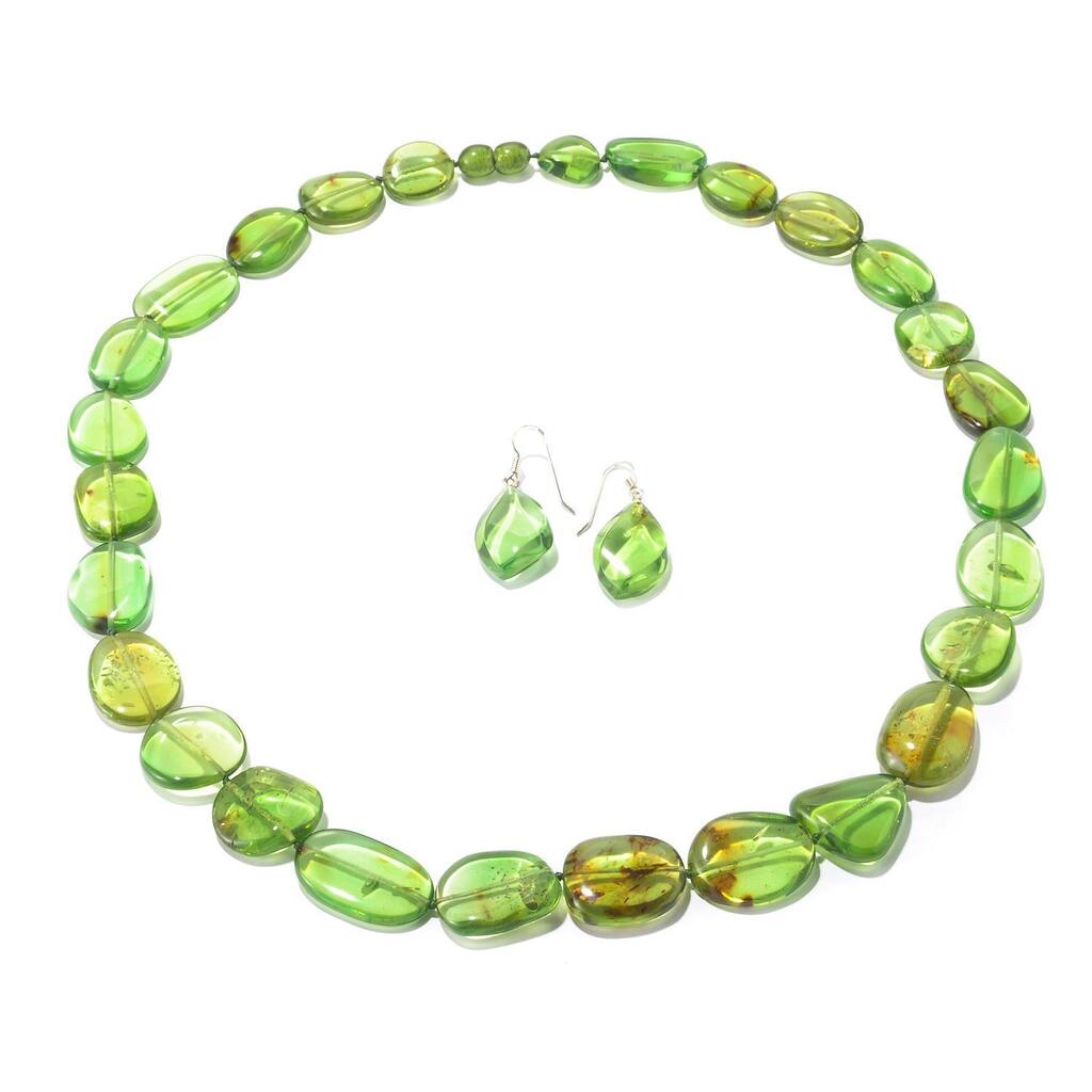 Sterling Silver Green Baltic Amber Earring and Necklace Set