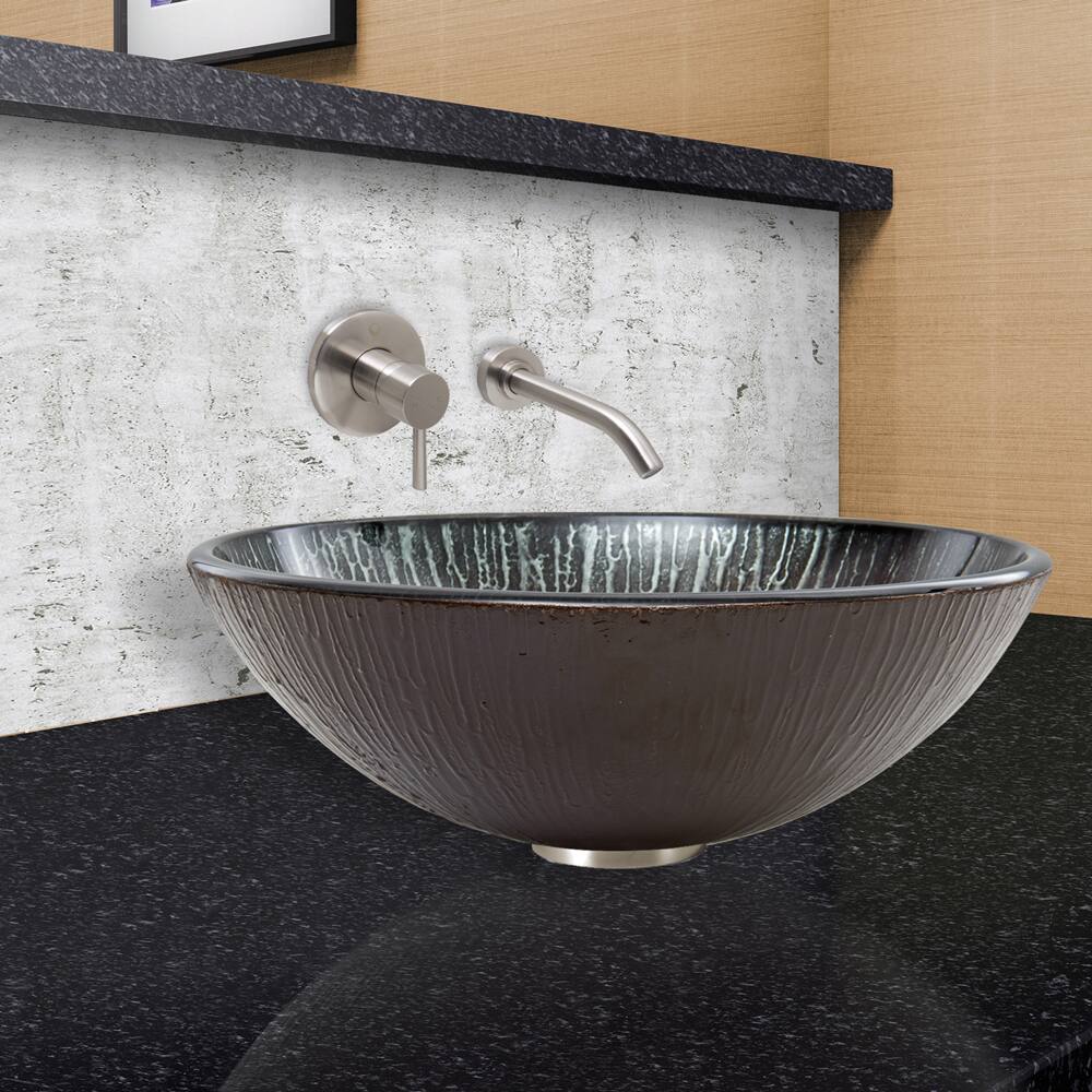 VIGO Enchanted Earth Glass Vessel Sink and Olus Wall Mount Faucet Set in Brushed Nickel