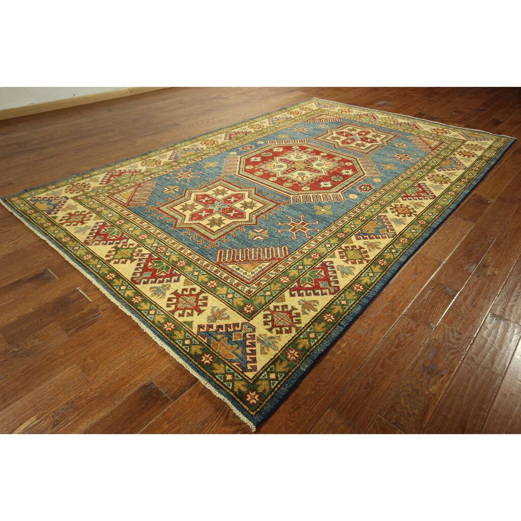Super Fine Blue Kazak Hand knotted Wool Rug European Tribal Rug - 7' x ...