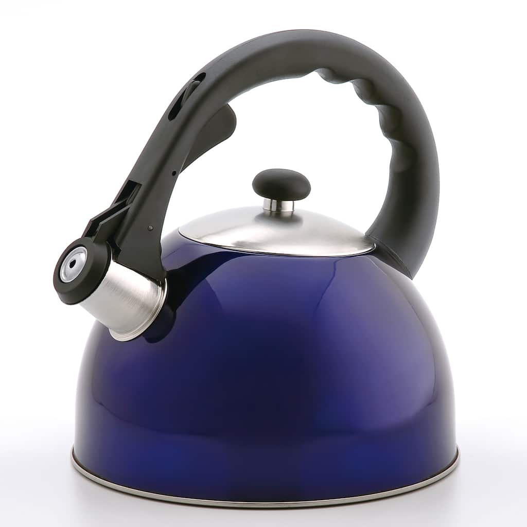 Creative Home Satin Splendor 2.8 Quart Stainless Steel Whistling Tea Kettle with Aluminum Capsulated Bottom, Metallic Blue Color