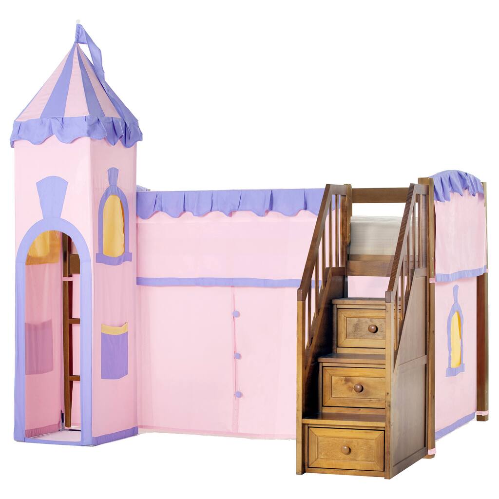 School House Junior Loft Pecan with Stairs & Princess Tent