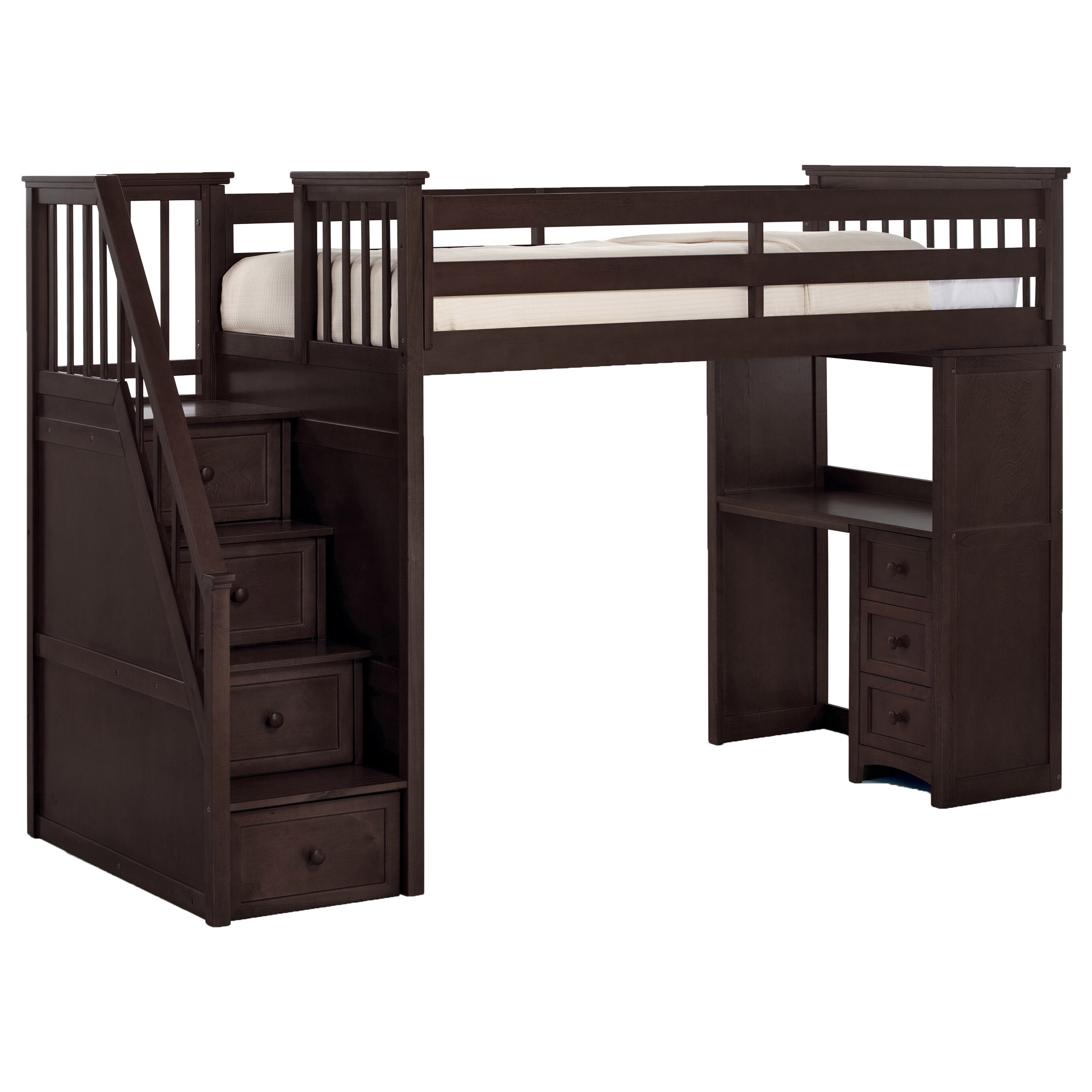 bunk bed with stairs and desk