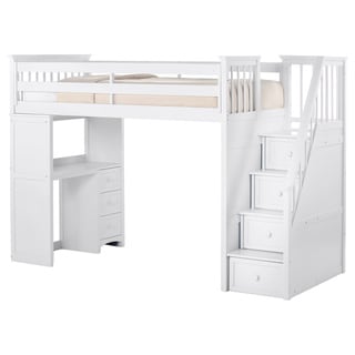 NE Kids School House Stair Loft with Desk End and Full Lower Bed White