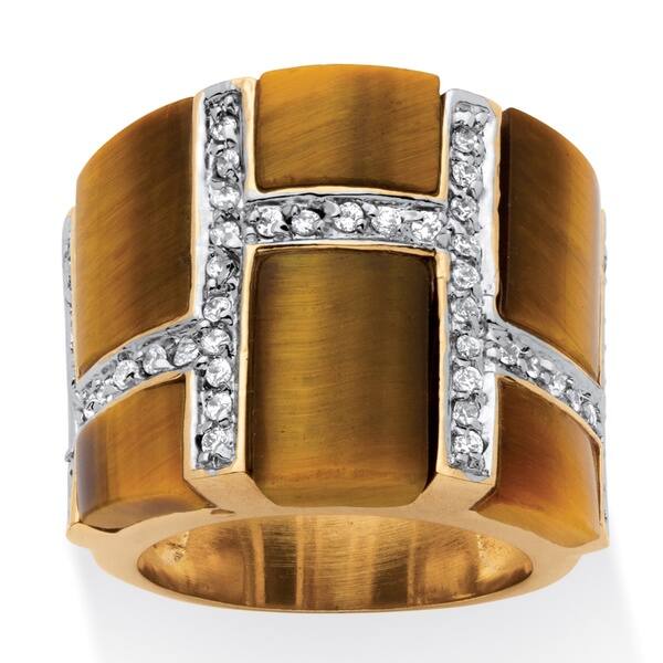 slide 1 of 3, 14k Yellow Goldplated 1/2ct Emerald-cut Tiger's Eye Cubic Zirconia Ring Naturalist 11