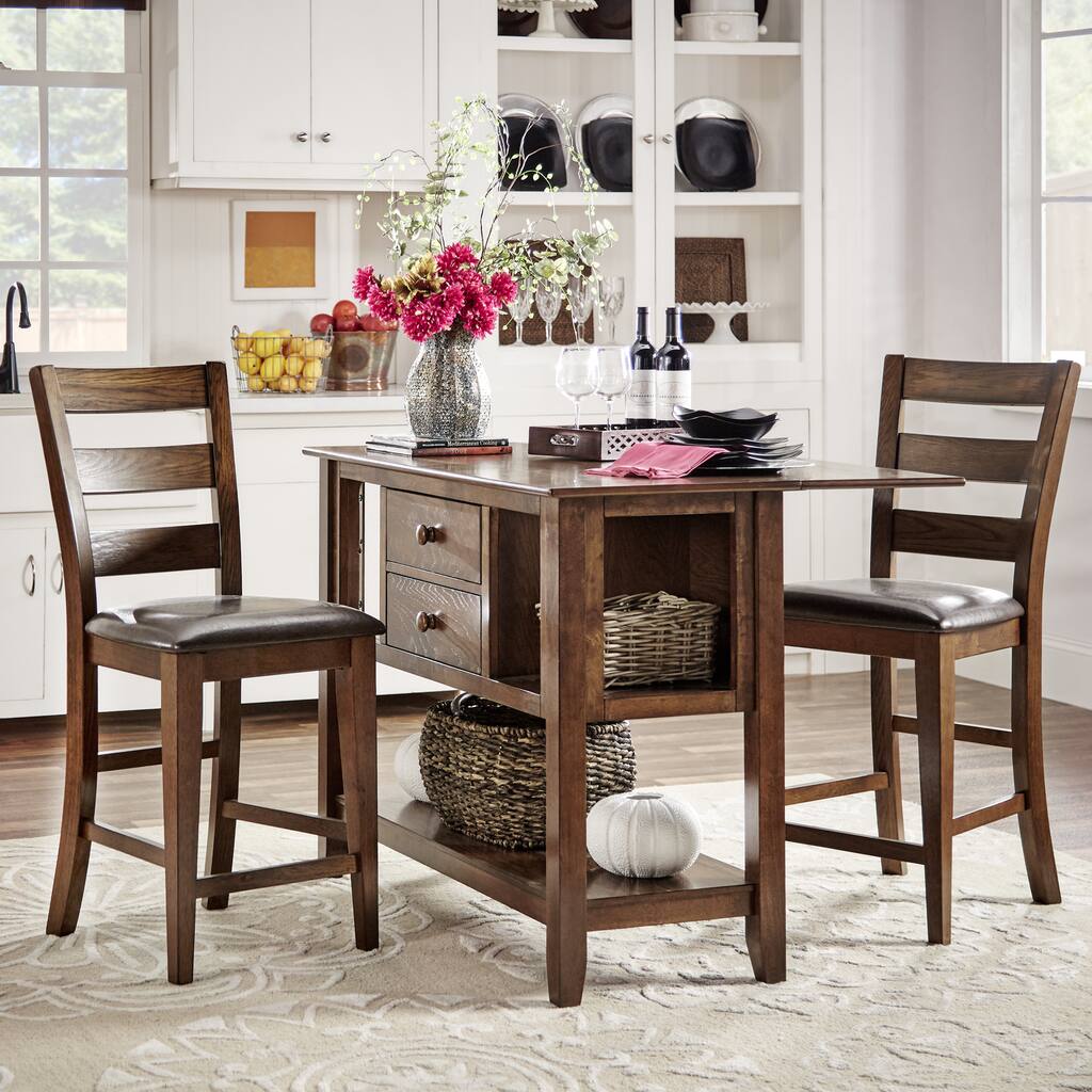 Bartol Warm Brown Drop Leaf Counter-height Storage Kitchen Island 3-Piece Dining Set