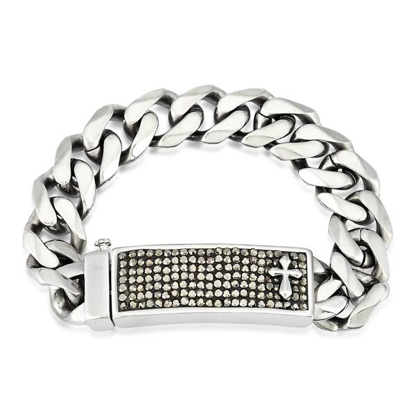 slide 1 of 7, Men's Stainless Steel Crystal Cross ID Curb Chain Bracelet